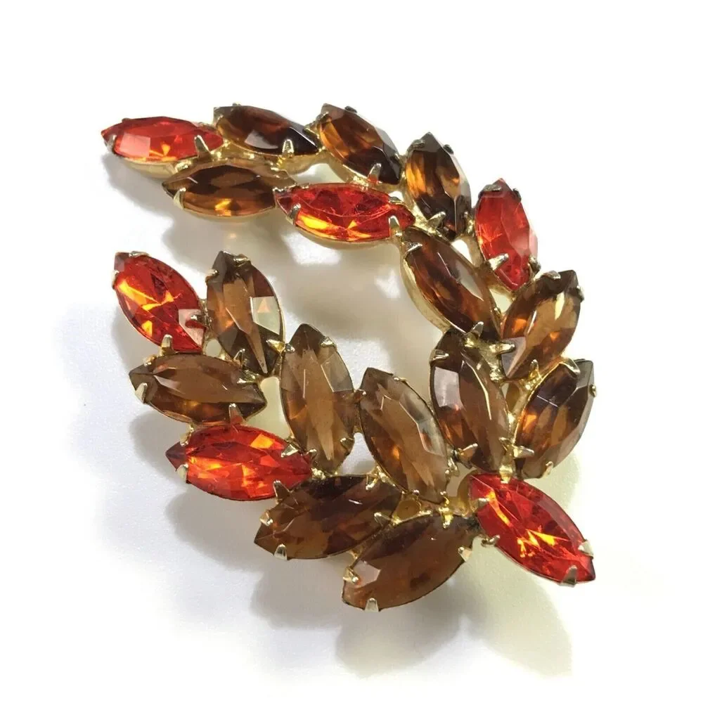 Vintage Glass Rhinestone Brooch Brown Topaz Color & Orange Navettes